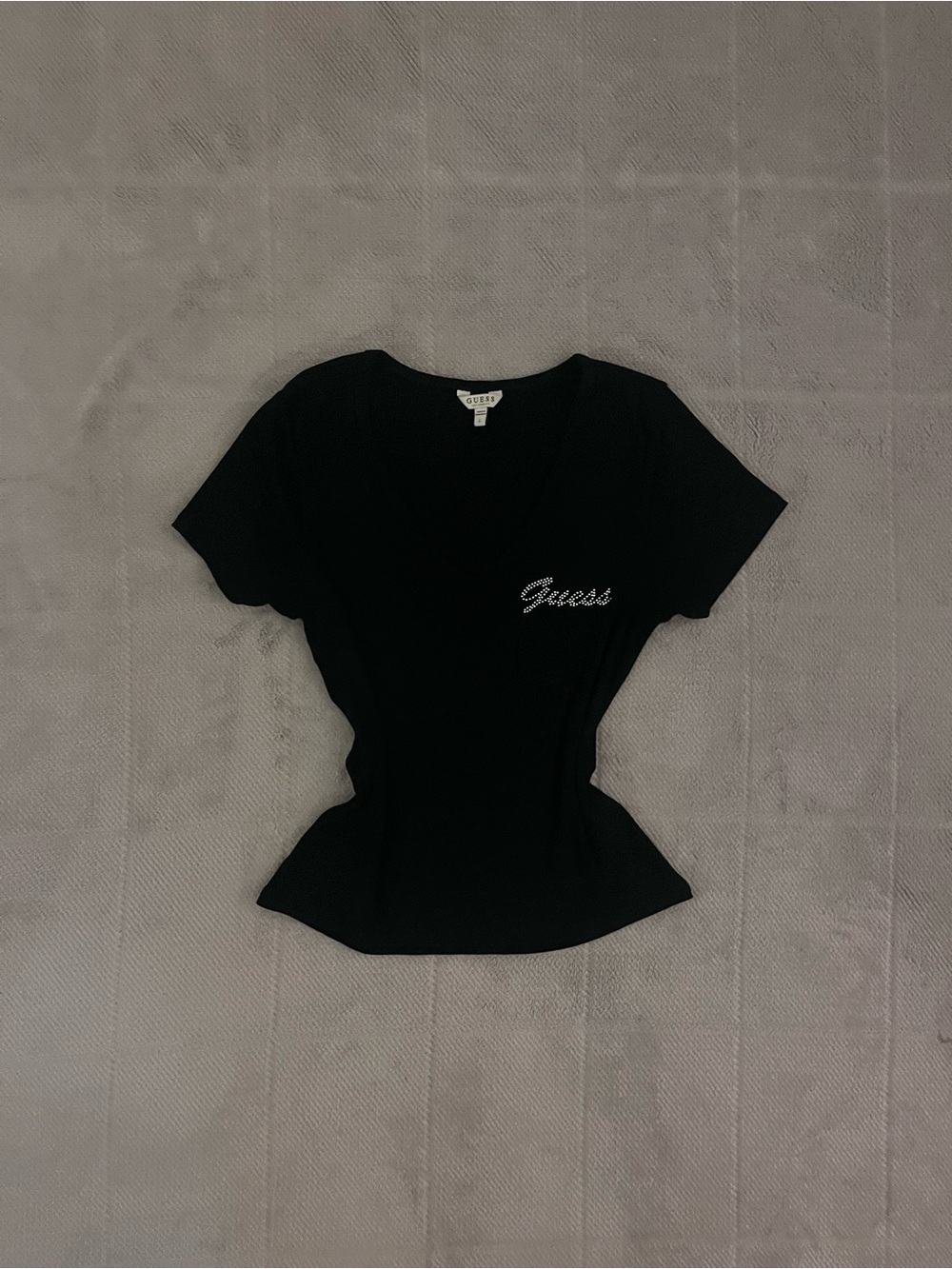 Guess Black V-Neck Short Sleeve Top with Rhinestone Logo